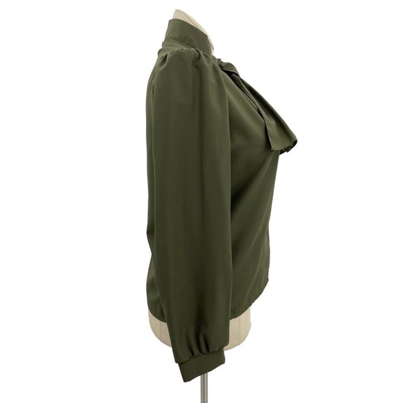Vintage 80s Olive Green Button Up Blouse Long Sleeve Jabot Donnkenny Size M L - Picture 7 of 8